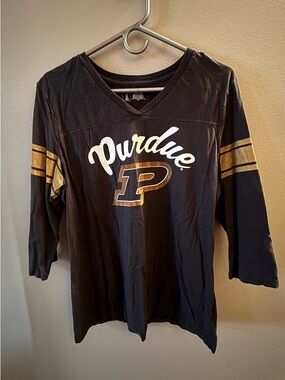 Purdue Women's Black 3/4 Sleeve V-Neck Tee with Gold Velour Accent
